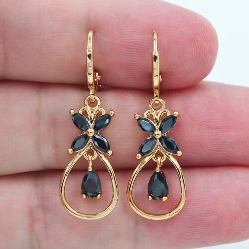 AAA+ Cubic Zirconia Gold Color Fashion Women Black CZ Bowknot Dangle Earrings Jewelry
