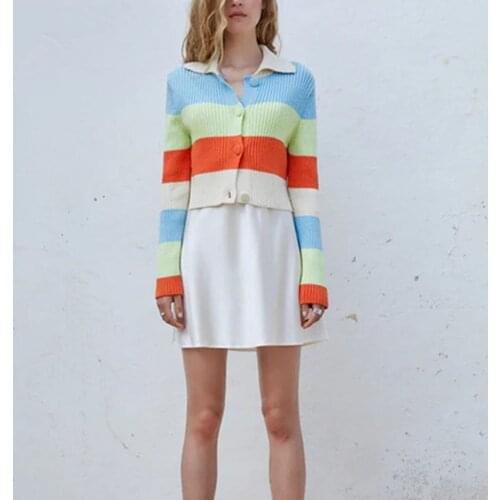 BM UR HM ZA womens 2021 fall new fashion retro color matching POLO collar long-sleeved striped rib knit jacket women cardigan