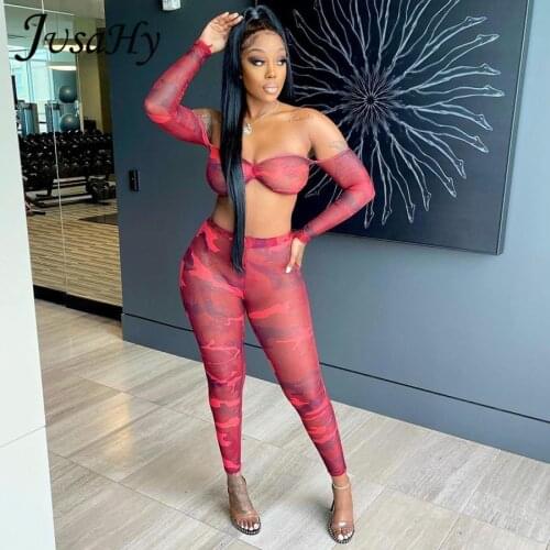 JuSaHy Aesthetic Print Womens Two Pieces Sets Sexy Off Shoulder Crop Top And Pants Body-Shaping Matching Casual Streetwear New