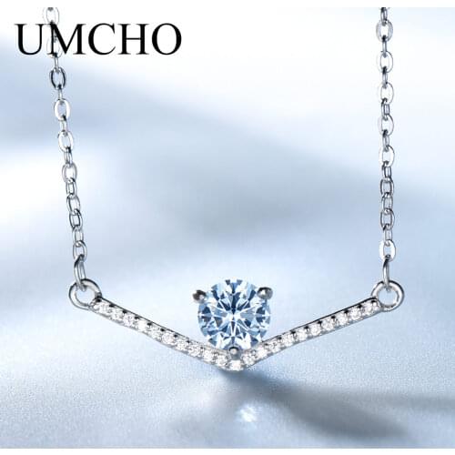 UMCHO Real 925 Sterling Silver Necklace Created Nano Sky Blue Topaz Chain Necklaces For Women Romantic Wedding Gift Fine Jewelry