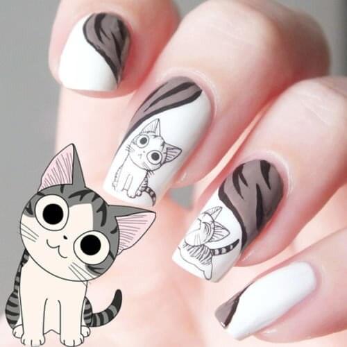10 Sheets Nail Art Water Transfer Sticker Happy Cute Cat Pattern Manicure Decals Animal Film Decoration