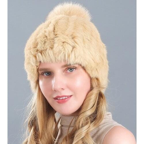 2020 New Winter Russian Natural Rabbit Fur Hat Women Elasitc Warm Handmade Knitted Real Fur Hats Fox Fur Pompoms Beanies Cap