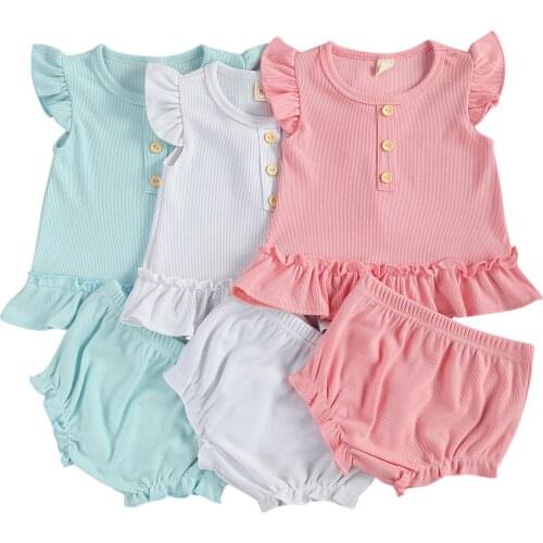 2021 Baby Girls Vest and Shorts Suit Fresh Solid Color Fly Sleeve Tops and Ruffles Wrapped Short Pants
