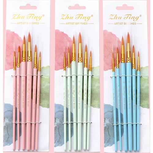 6Pcs/set Nylon Artist Paint Brush Round Tip Watercolor Brushes for Drawing Candy Color Wooden Handle Art Brush Set Sationery