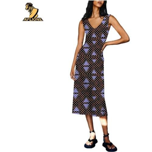African Clothes For Women Wax Ankara V-Neck Sleeveless Mid-Calf Length Cotton Printed Dress Traditional Outsits v2129004