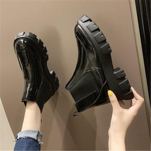 Spring Autumn Patent leather Ankle Boots Women motorcycle Boots Female Shoes Women Thick Sole punk Boots Beige Black