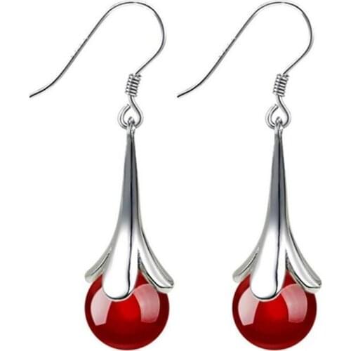 Elegant Women Round Faux Opal Inlaid Flower Dangle Hook Earrings Jewelry Gift