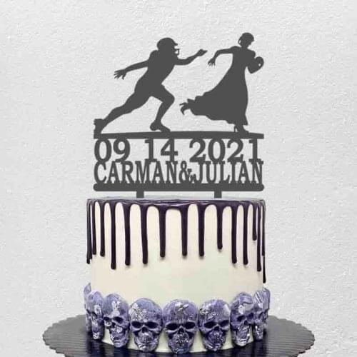 Custom Couple Name Party Date Bride and Groom Playing American Football Silhouette For Rugby Fans Wedding Party Cake Decoration