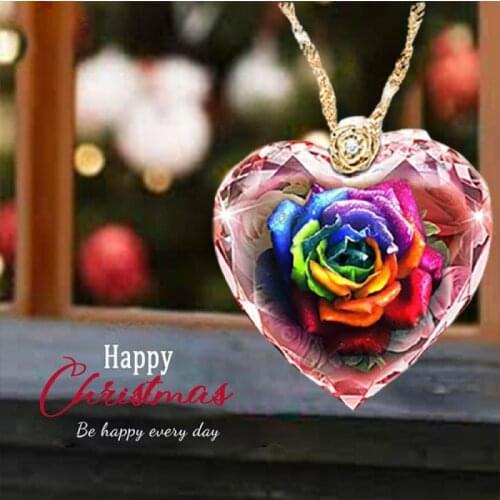Exquisite Romance Colorful Roses Necklace for Women Crystal Pendant Healing Crystals Fashion Jewelry Heart Necklace for Women