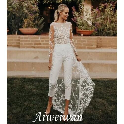 Jumpsuits A-Line Wedding Dresses Jewel Neck Sweep/Brush Train Lace Satin Long Sleeve Sexy See-Through Modern with Appliques 2021
