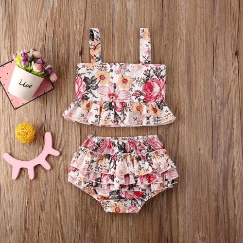 Infant Girls Kids Clothes Sets Flowers Print Sleeveless Vest Tops+Ruffles Shorts Summer Outfits