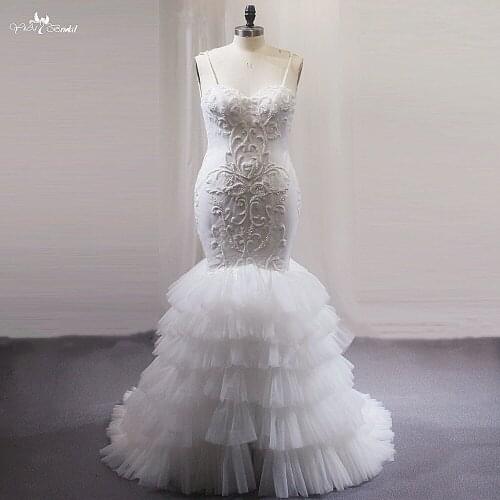 LZ470 Luxury Beaded Mermaid Wedding Dress Spaghetti Straps Sleeveless Illusion Bridal Gown Sweetheart Neck Fluffy Pleat Dresses