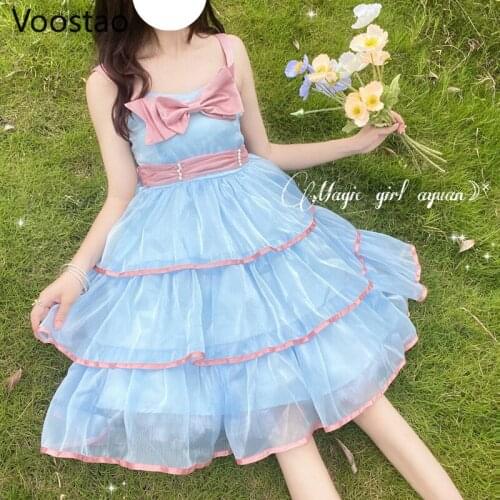 Japanese Sweet Lolita Jsk Princess Dress Women Cute Bowknot Lace Ruffles Wedding Dresses Girly Chic Sleeveless Tulle Party Dress