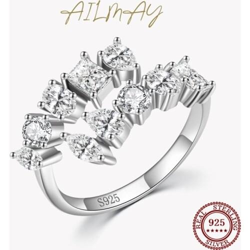 Ailmay Fashion 925 Sterling Silver Dazzling Geometric Clear Zircon Adjustable Rings For Women Classic Luxury Wedding Jewelry