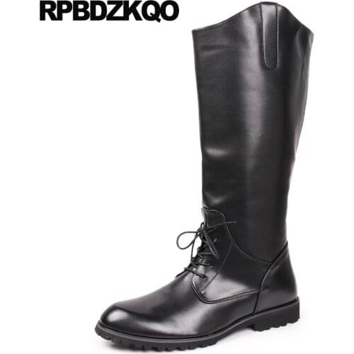 Round Toe Lace Up Mens Knee High Leather Boots Tall Top Military Shoes Army Autumn Mid Calf British Style Black Waterproof