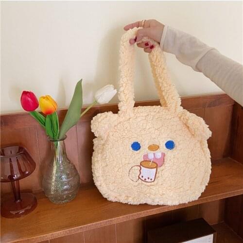 Soft Plush Cute Bear Women Purse Handbags Artificial Lamb Wool Ladies Shoulder Bags Winter Furry Girls Student Small Casual Tote