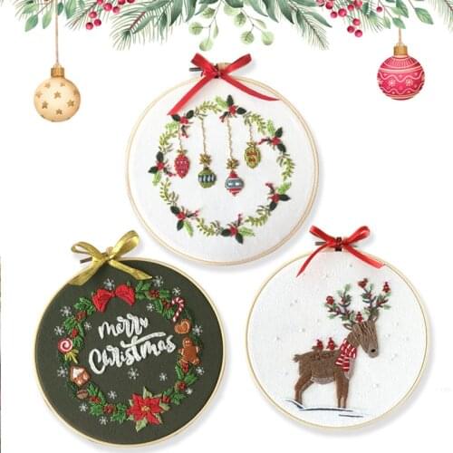 Cross Stitch Kits Embroidery Needlework Sets Beginner Embroidery Shed Christmas Embroidery Snow Man Bells With Hoop Xmas Decor