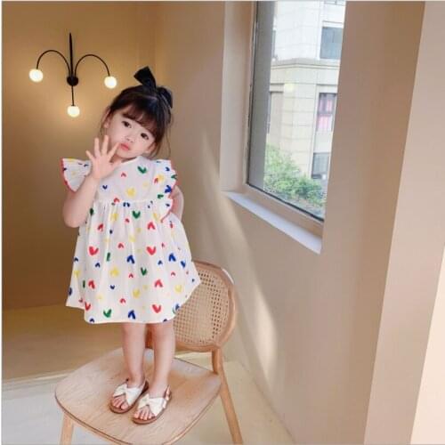 2021 Summer New Toddler Casual Princess Dress Baby Girl Colorful Love Pattern Fly Sleeve Round Neck Dress