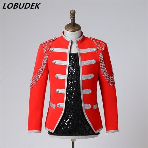 Bar Nightclub Male Singer Team Court Jacket Red Back Metal Chain Military Slim Coat Mens Dancer Group Performance Stage Costume