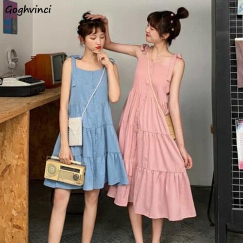 Sleeveless Dress Women Summer Button Pleated Lace Up Sling Fairy Students Cute Youth Korean Style Large Size 2XL Trendy Chic Ins