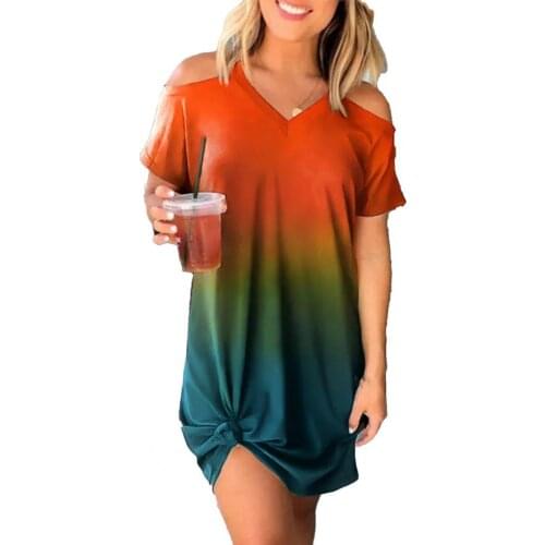 Summer Women Dress Gradient Print Hollow Out Shoulder V Neck Short Sleeve Large Hem Midi Dress Summer Beach Party Vestidos