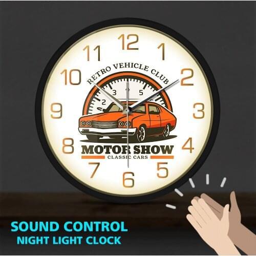 Retro Vehicle Club Decorative Metal Frame LED Wall Clock Sound Activated Motor Show Wall Art Car Garage Business Sign Wall Watch