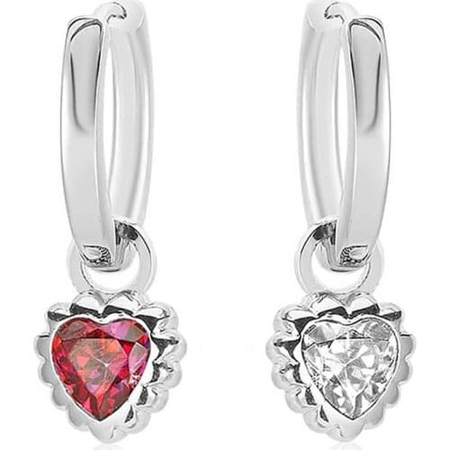 Valori Jewels Little Heart, Zirconia Red And White Gemstone, Rhodium Plated, Sterling Silver Plain Hoop Charm Earrings
