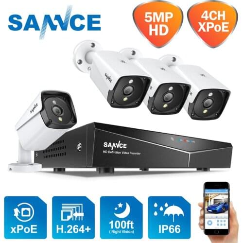 SANNCE 4CH 5MP XPOE HD Video Surveillance Camera System H.264+ NVR With 4X 5MP IP Cameras Outdoor Waterproof Security NVR System