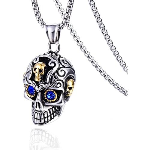 Punk Gothic Blue Rhinestone Eyes Skeleton Skull Pendants Necklaces Biker Cool 316L Stainless Steel Link Chain Men Jewelry