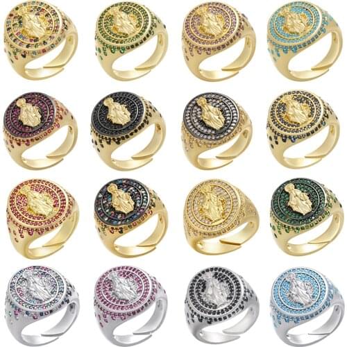 Virgin Mary Women Ring Gold Silver Color Open Cuff Oval Cubic Zirconia Lady Finger Ring Wedding Engagement Adjustable Rainbow