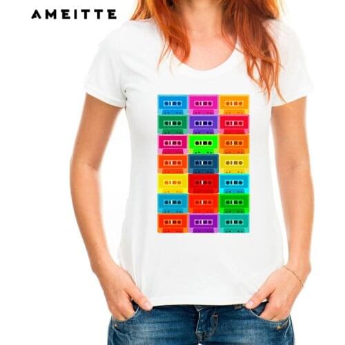 AMEITTE 2019 Summer Tops Rainbow Cassettes Print T Shirts Base O-Neck Short Sleeve Women Tshirt All-match White Tee Shirt