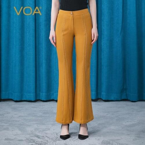 VOA Silk 60m/m Heavy Long Air Waist Carved Button Mesh Silk Edging Crisp Micro-elastic Flared Trousers KE325 Pants for Women