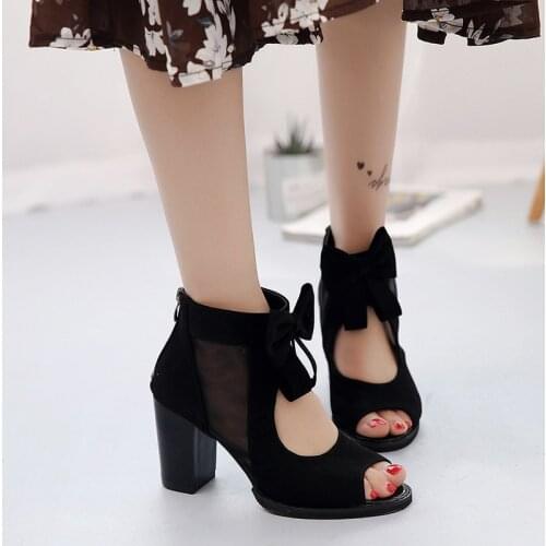 Lucyever 2019 Summer Women Mesh Sandals Sexy Peep Toe Bowtie Thick High Heels Shoes Woman Gladiator Sandals Women Footwear