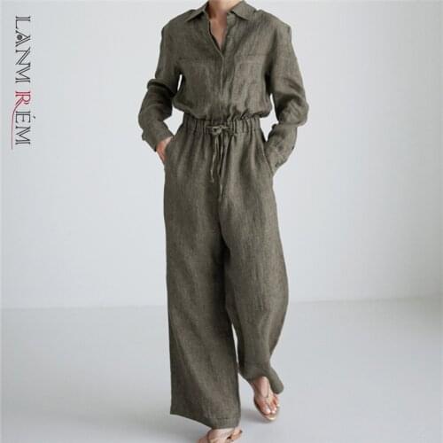 LANMREM Wide Leg Jumpsuit Womens Fashion Temperament Cotton Linen Lapel Jumpsuits Drawstring With Pockets 2021 New 2C2014