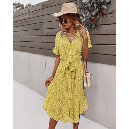 2021 Women Summer Dress Yellow Leisure Vacation Beach Long Dresses Casual Floral V-Neck Dress For Women Robe Femme Clothing