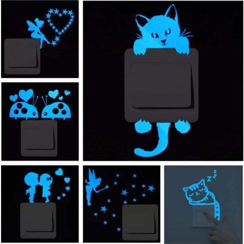 1PCS Cat Light Glow In The Dark Stickers Cartoon Blue Luminous Switch Sticker For Kids Room Wall Stickers Home Decor Living Room