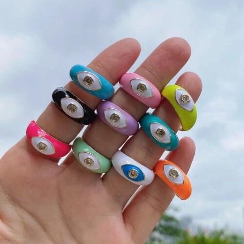 10PCS, Enamel Finger Eye Ring Gold Color Black Pink Blue White Candy Colorful Summer Jewelry