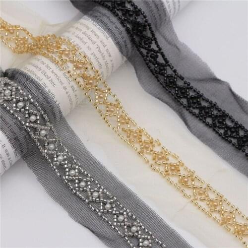 2 Yards Grid Silver Beaded Trim Tulle Netting Lace Trim for Jewelry Design, Dress Hem , Bridal Sash Belt, Costume Design