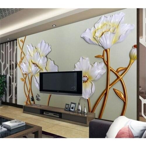 3D relief lotus living room sofa TV background wallpaper modern minimalist 8d living room film and television wall painting 5d