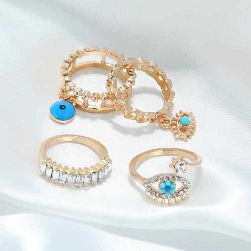 4Pcs/Set Gold Plate Evil Eye Rings For Women Bohemia Vintage Crystal Knuckle Ring Set Girl Fashion Natural Decorations Jewelry