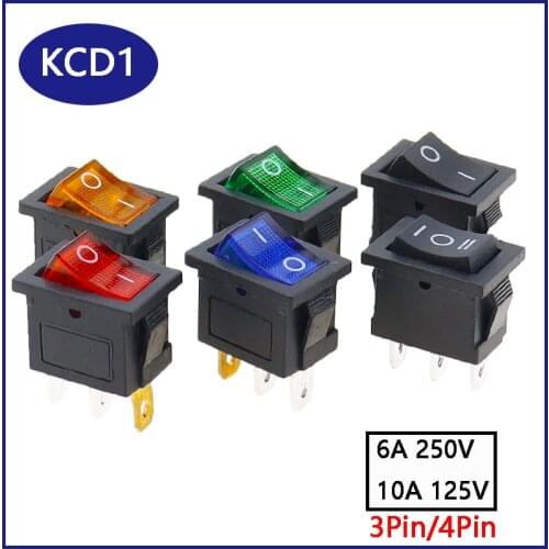 5 PCS/LOT KCD1 3 4 Pin 21*15mm ON-OFF Boat Car Rocker Switch 6A/250V AC 10A/125V AC With Red Blue Green Yellow Light Switch