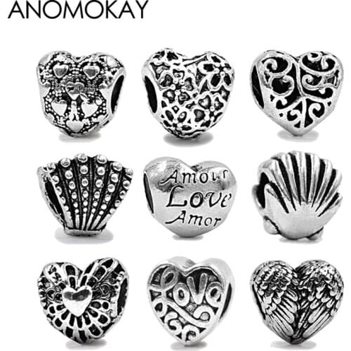 ANOMOKAY 9PCS/LOT Mix Style Antique Silver Color Heart Love Charm fit Bracelets & Bangles Necklace for DIY Jewelry Making