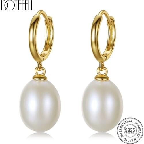 DOTEFFIL 10mm Natural Pearl White/Pink/Purple 925 Sterling Silver Gold Earrings For Women Wedding Engagement Charm Jewelry