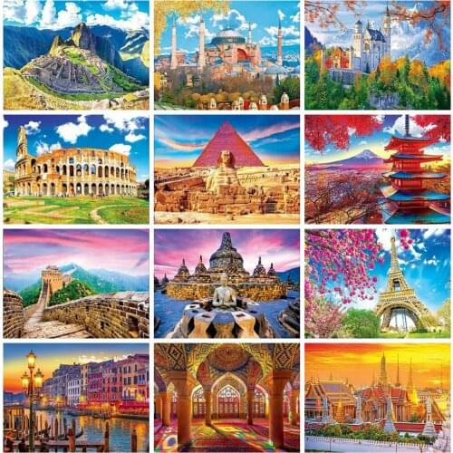 Huacan 5d Diy Diamond Painting Building Scenery Cross Stitch Mosaic Embroidery Castle Home Decor Handmade Gift