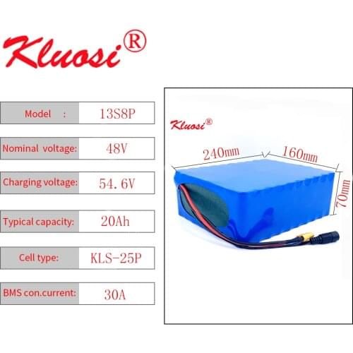 KLUOSI 48V 20Ah 13S8P 1200W 48V Battery 54.6V Li-ion Battery Pack with 30A BMS for Motor Electric Scooter Vehicle Ebike Bicycle