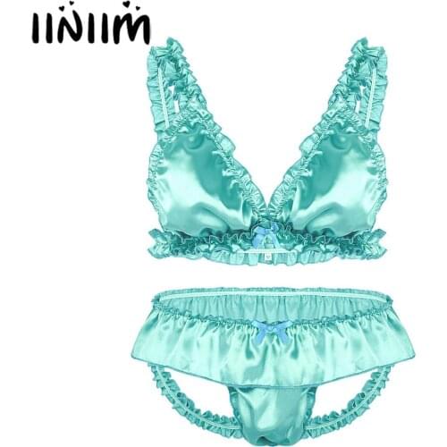 Mens Sissy Lingerie Fetish Satin Gay Male Exotic Panties Frilly Ruffled Bra Top with Open Butt Briefs Jockstraps Bulge Underwear
