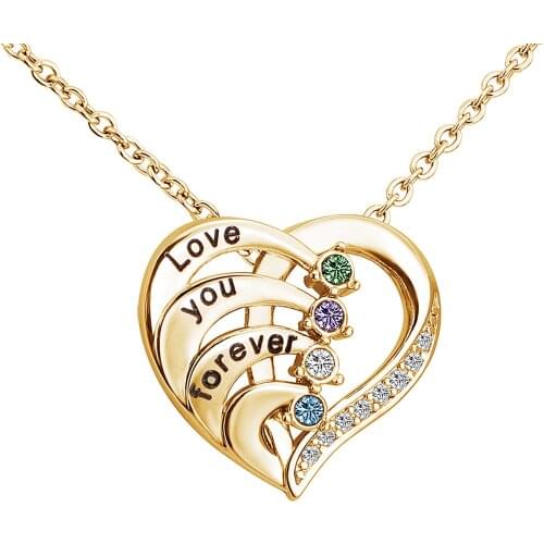 Personalize Custom 4 Names Birthstone Necklace Classic Heart Shape Crystal Pendant Engraved Name Family Anniversary Jewelry Gift