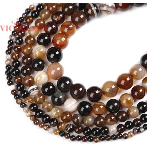 Natural Stone Coffee Stripe Onyx Agates Round Loose Beads Pick Size Char Bracelet Necklace For Jewelry Making DIY