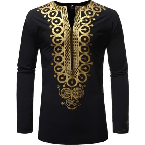 Black Fashion Men Slim Fit Long Sleeve Shirt Male African Dashiki Gold Print Camisa Masculina Hip Hop Streetwear African Clothes