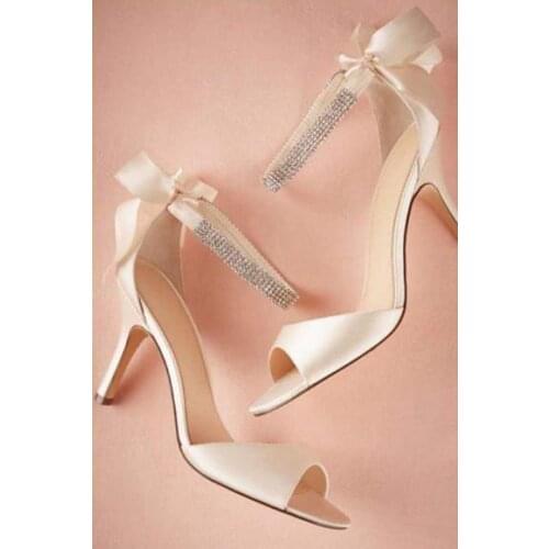 Satin Sandals Rhinestone Studded Peep-toe High Heel Shoes For Woman with Thin Heel Sandals Ladies Dress Party Size 45